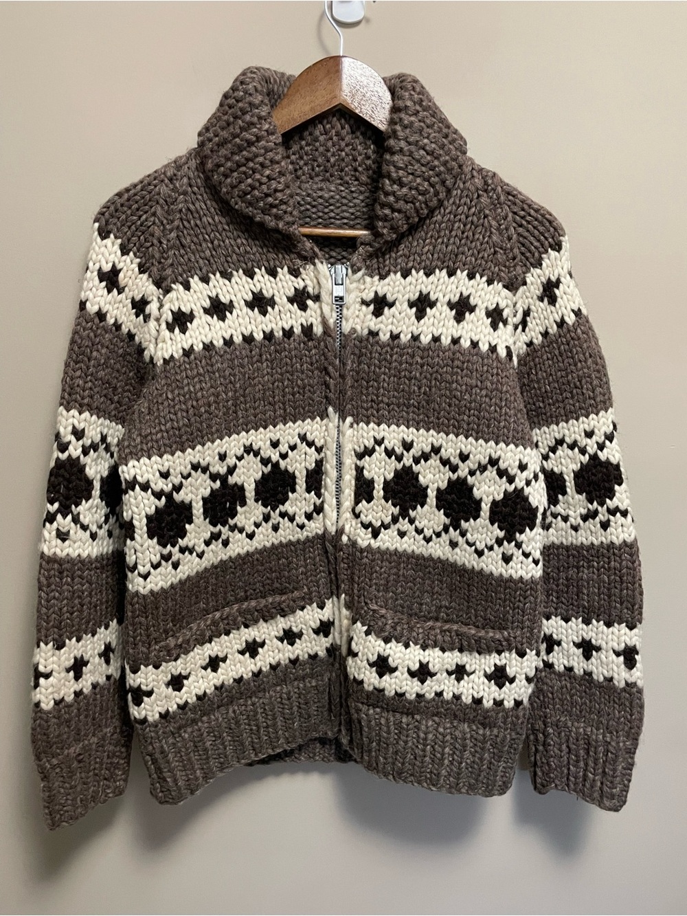Vintage Brown & Cream Wool Chunky Knit Cowichan Jacket Women’s Medium